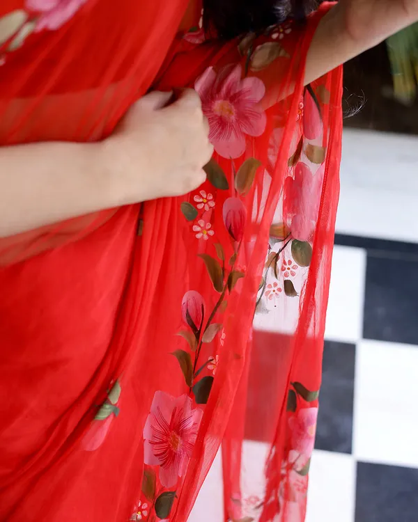 Hot_Red_Floral_H_Painted_Chiffon_Saree_For_Women